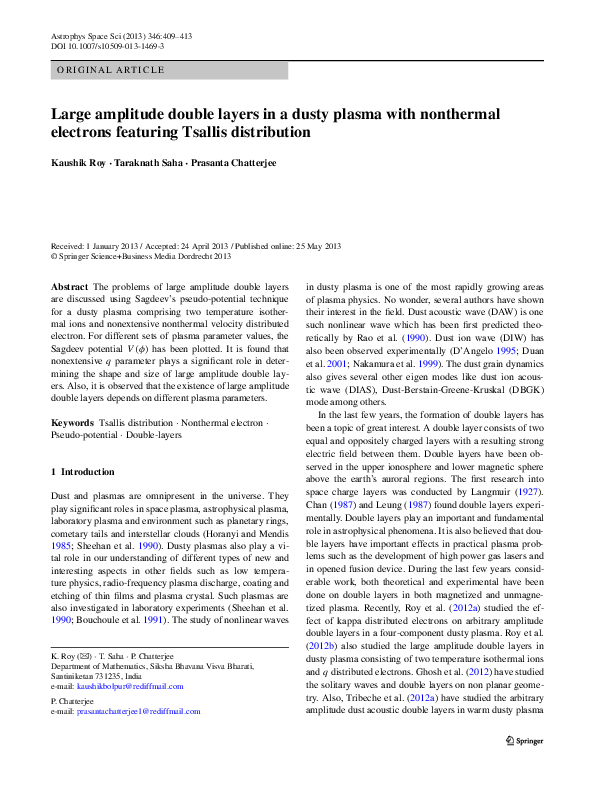 (PDF) Large amplitude double layers in a dusty plasma with nonthermal ...