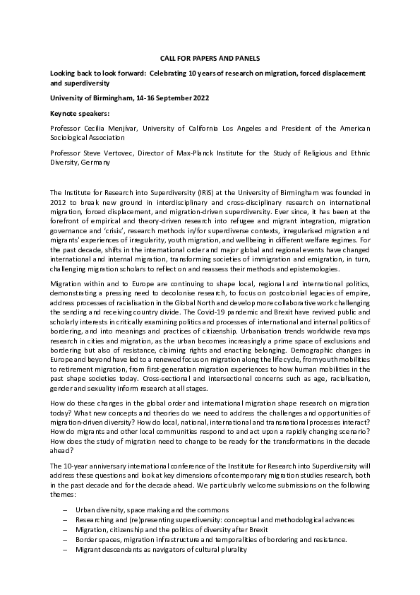 (PDF) CALL FOR PAPERS AND PANELS Looking back to look forward ...