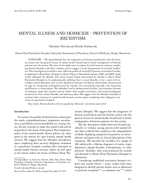 (PDF) Mental illness and homicide--prevention of recidivism