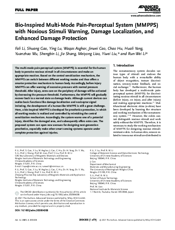 (PDF) Bio‐Inspired Multi‐Mode Pain‐Perceptual System (MMPPS) with ...