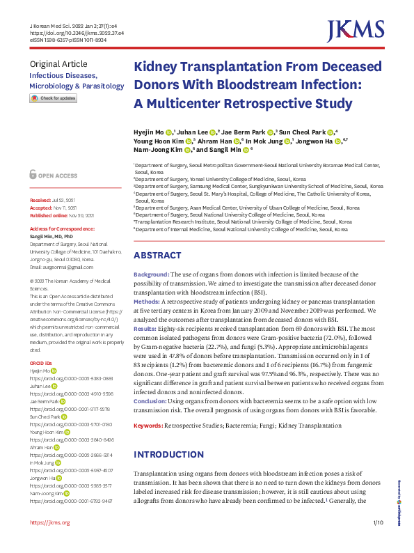 (PDF) Kidney Transplantation From Deceased Donors With Bloodstream ...