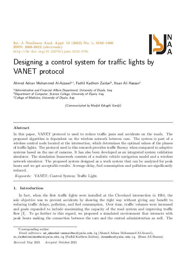 (PDF) Designing a control system for traffic lights by VANET protocol