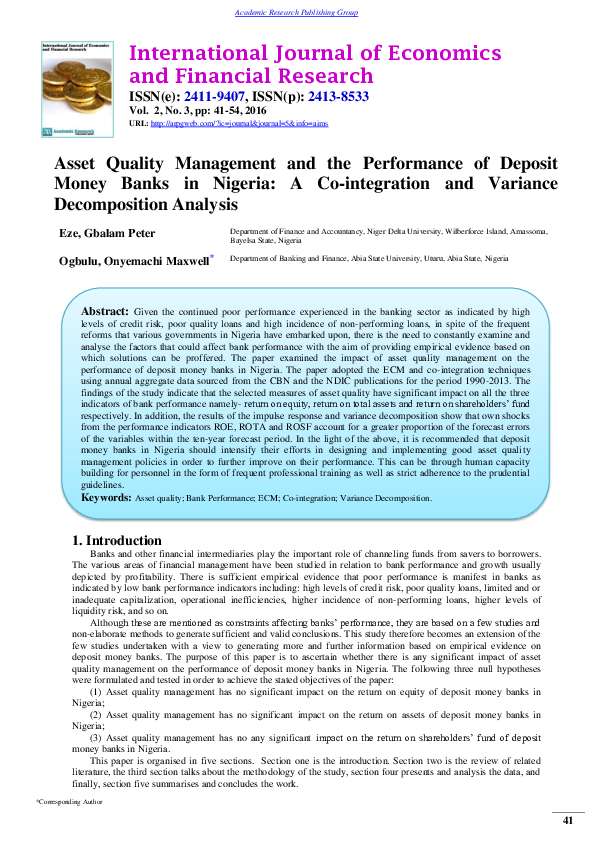 (PDF) Asset Quality Management and the Performance of Deposit Money ...