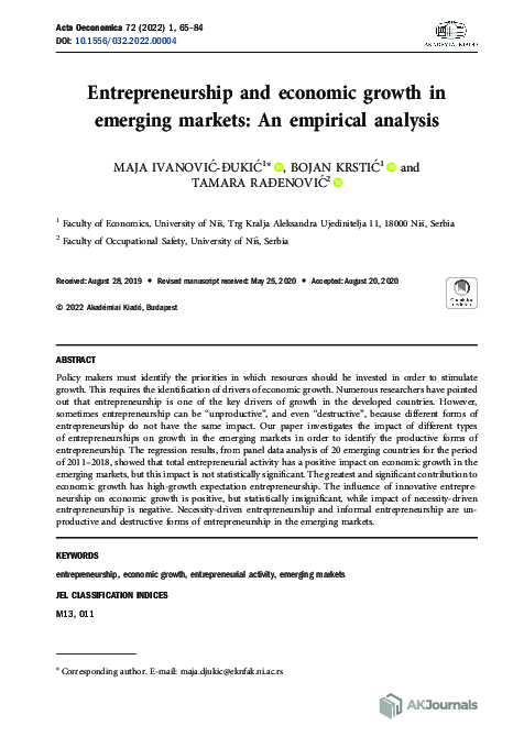 (PDF) Entrepreneurship and economic growth in emerging markets: An ...