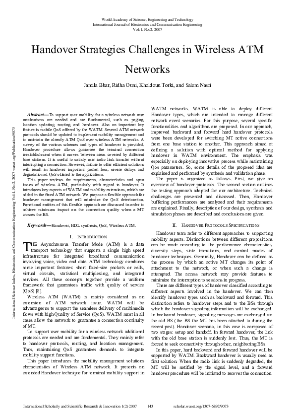 (PDF) Handover Strategies Challenges In Wireless Atm Networks
