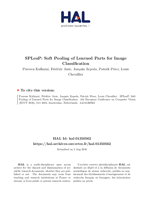  PDF SPLeaP Soft Pooling Of Learned Parts For Image Classification 