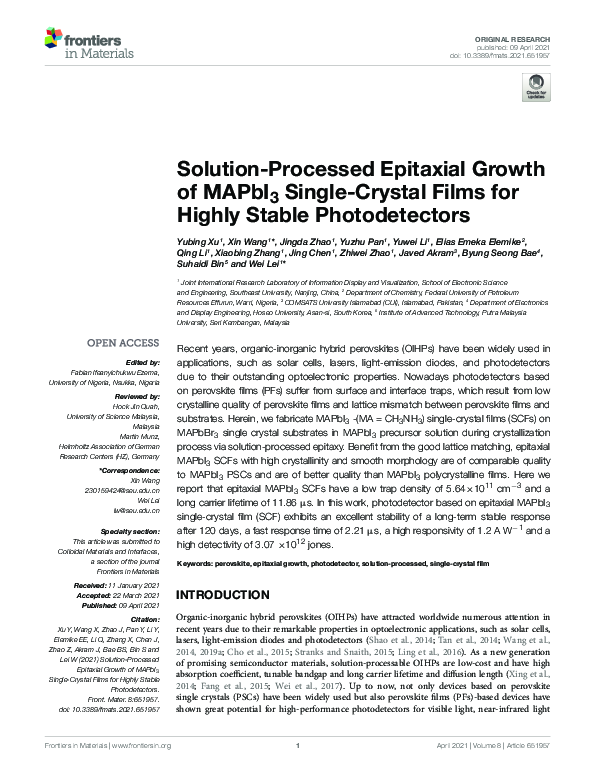 (PDF) Solution-Processed Epitaxial Growth of MAPbI3 Single-Crystal ...