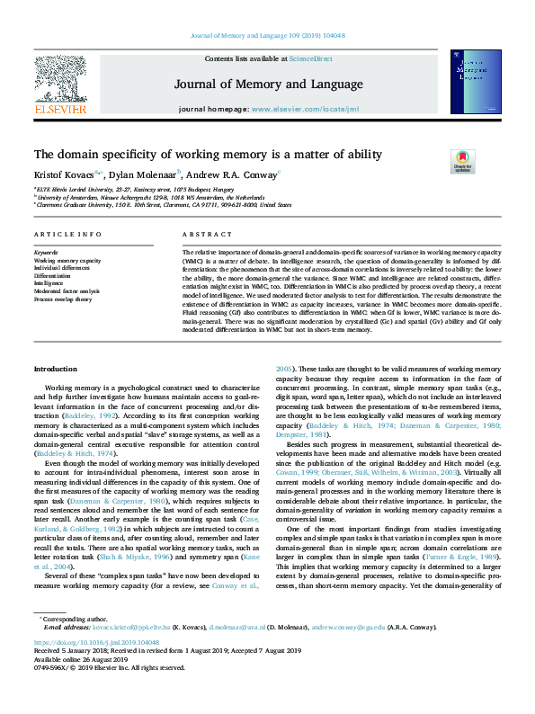(PDF) The domain specificity of working memory is a matter of ability