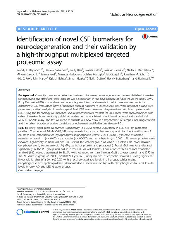 (PDF) Identification of novel CSF biomarkers for neurodegeneration and ...