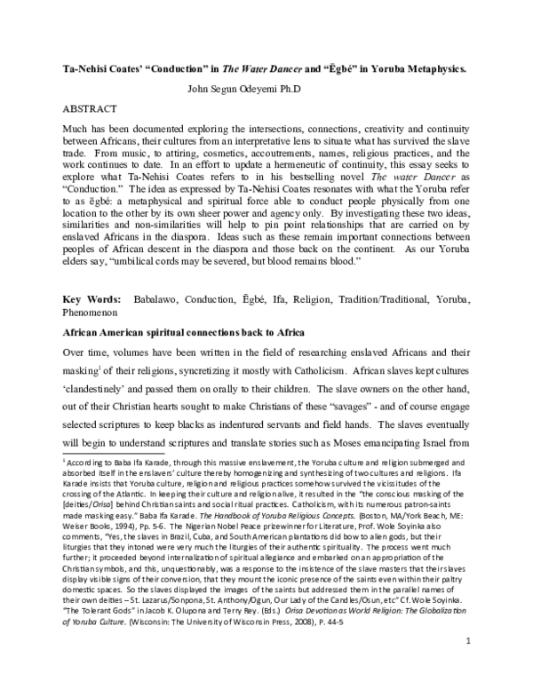 (DOC) TaNehisi Coates' "Conduction" in The Water Dancer and "Ēgbé" in Yoruba Metaphysics John