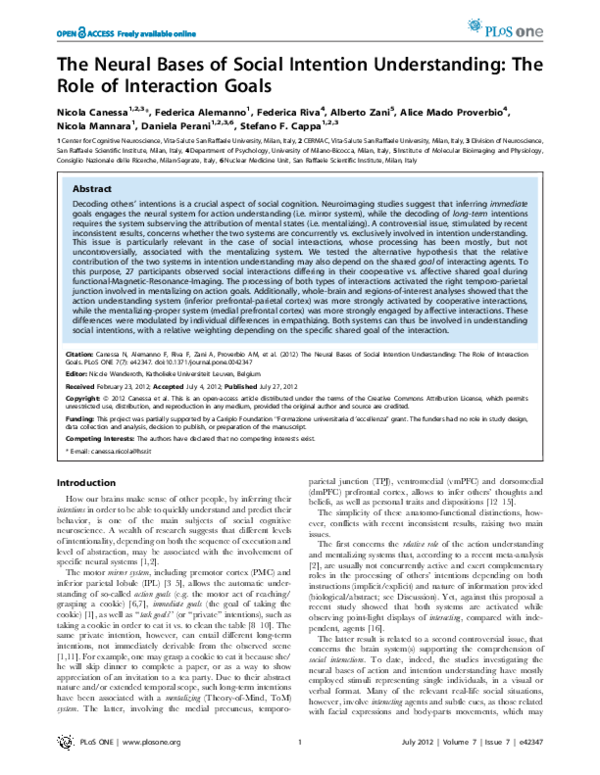 (PDF) The Neural Bases of Social Intention Understanding: The Role of ...