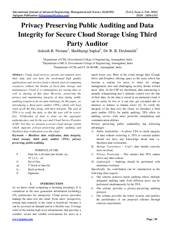 (PDF) Privacy Preserving Public Auditing and Data Integrity for Secure ...