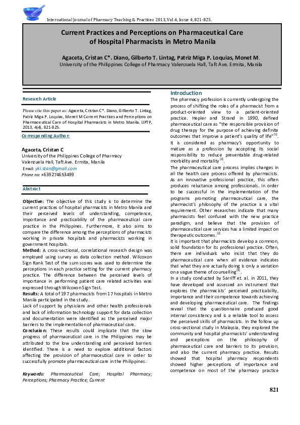 (PDF) Current Practices and Perceptions on Pharmaceutical Care of ...
