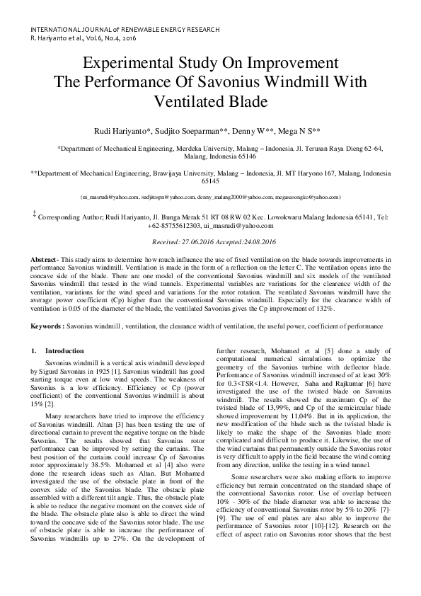 (PDF) Experimental Study on Improvement The Performance of Savonius ...
