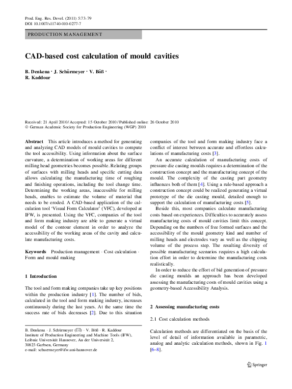 (PDF) CAD-based cost calculation of mould cavities