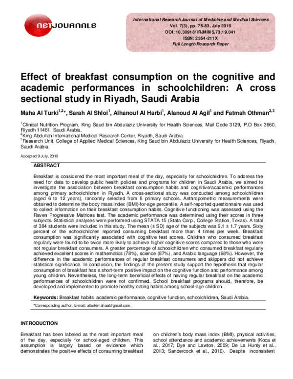(PDF) Effect of breakfast consumption on the cognitive and academic ...