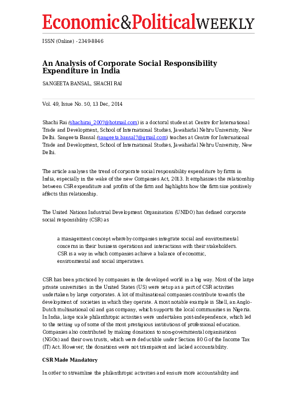 (PDF) An Analysis of Corporate Social Responsibility Expenditure in India