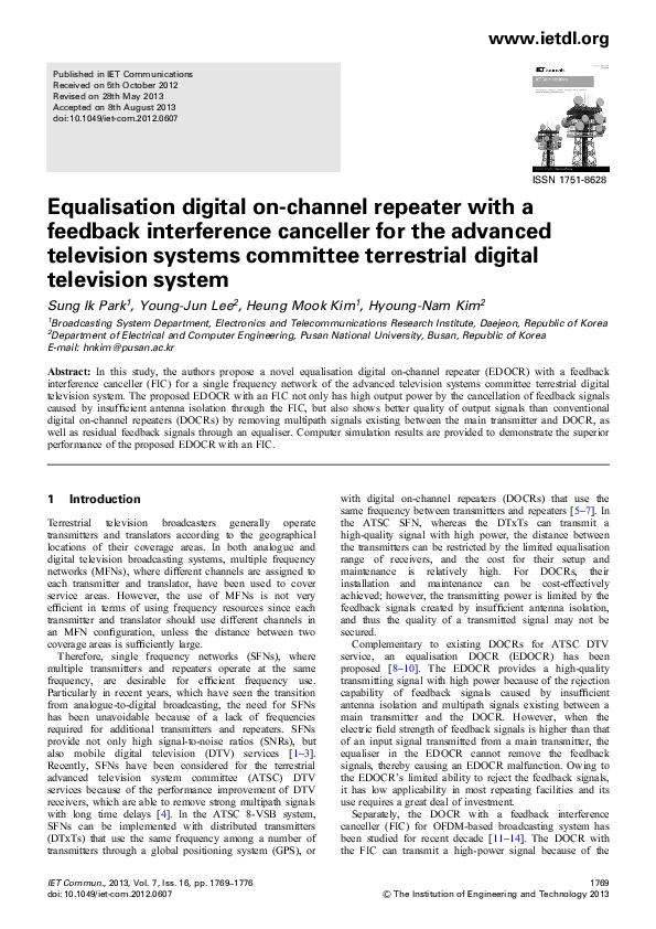 (PDF) Equalisation digital on-channel repeater with a feedback ...