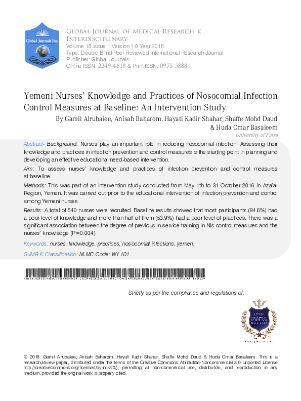 (PDF) Yemeni Nurses' Knowledge and Practices of Nosocomial Infection ...