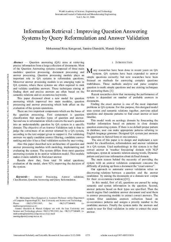 (PDF) Information Retrieval: Improving Question Answering Systems By ...