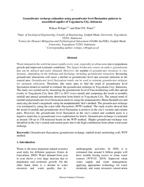 Groundwater recharge estimation using groundwater level fluctuation patterns in unconfined aquifer of Yogyakarta City, Indonesia