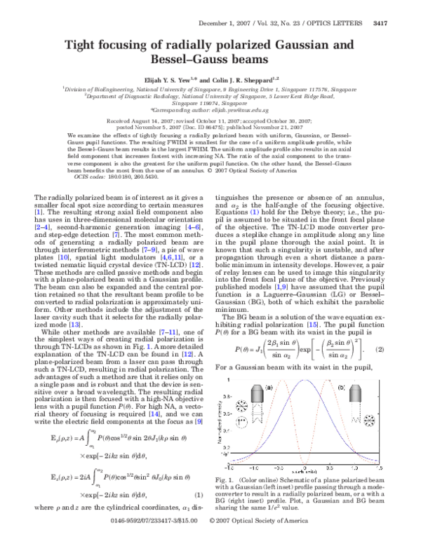 (PDF) Tight focusing of radially polarized Gaussian and Bessel-Gauss beams