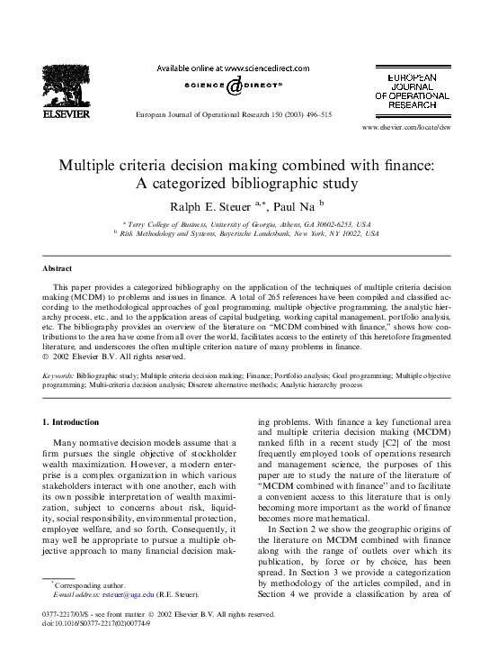 (PDF) Multiple criteria decision making combined with finance: A ...