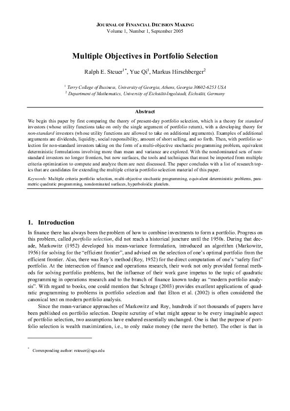 (PDF) Multiple Objectives in Portfolio Selection