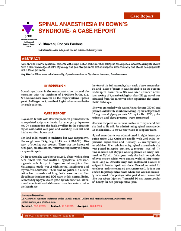 (PDF) Spinal Anaesthesia in Downs Syndrome a Case Report v bhavani