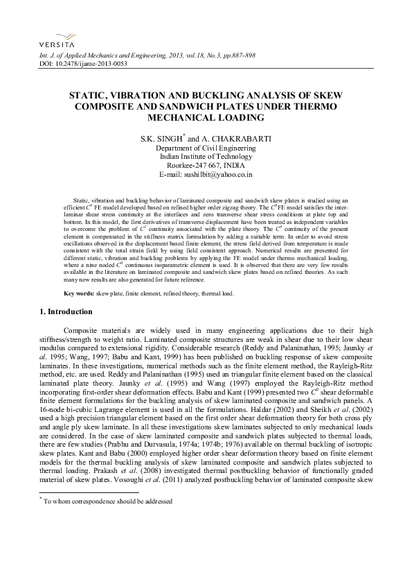 (PDF) Static, Vibration and Buckling Analysis of Skew Composite and ...
