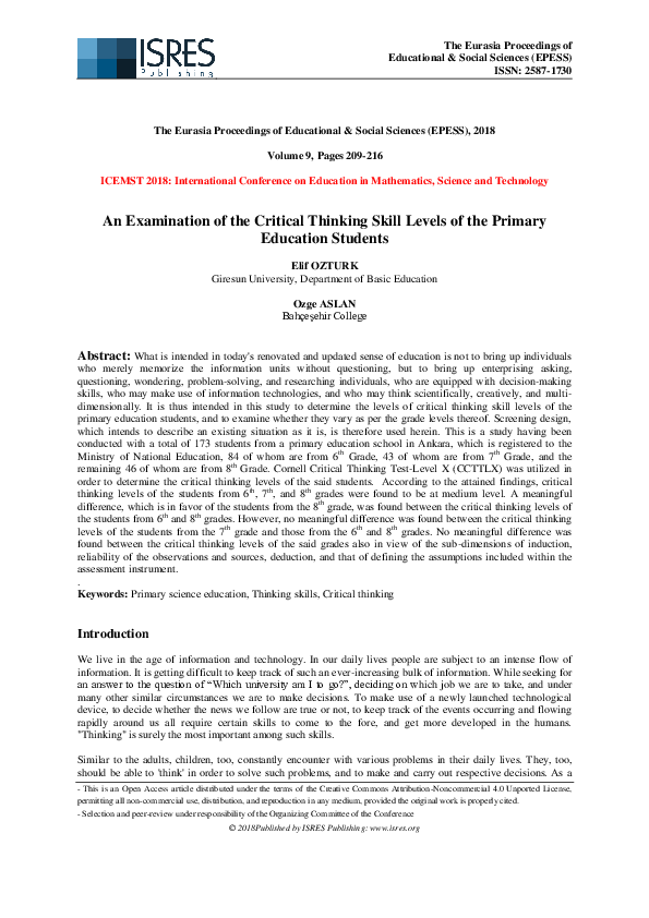 (PDF) An Examination of the Critical Thinking Skill Levels of the ...