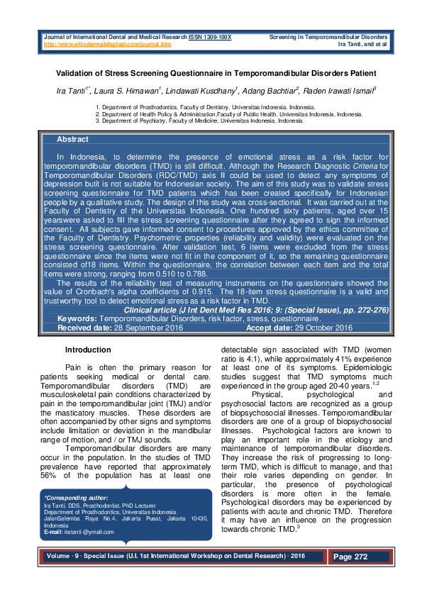(PDF) Validation of stress screening questionnaire in temporomandibular ...