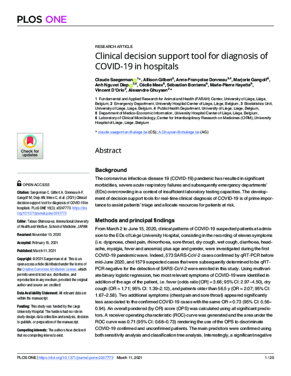 (PDF) Clinical decision support tool for diagnosis of COVID-19 in hospitals
