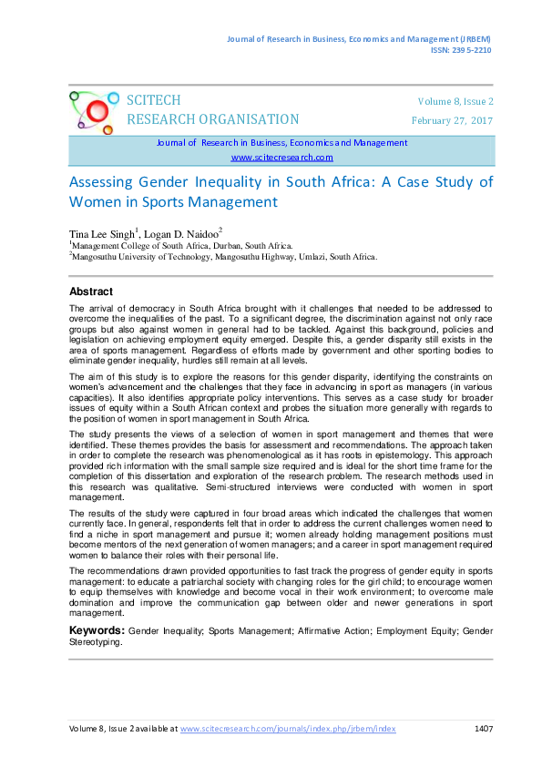 (PDF) Assessing Gender Inequality in South Africa: A Case Study of ...