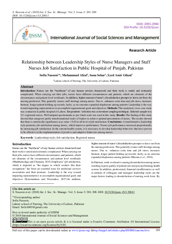 (PDF) Relationship between Leadership Styles of Nurse Managers and ...