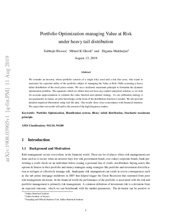 (PDF) Portfolio Optimization managing Value at Risk under heavy tail ...