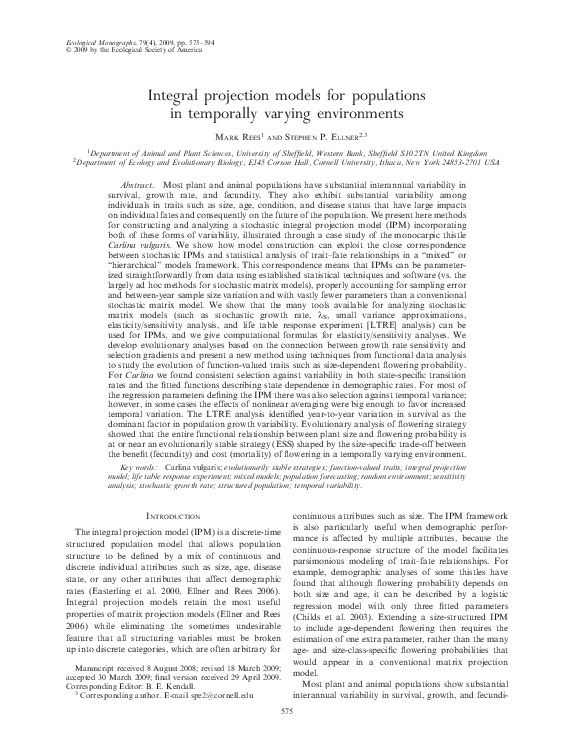 (PDF) Integral projection models for populations in temporally varying ...