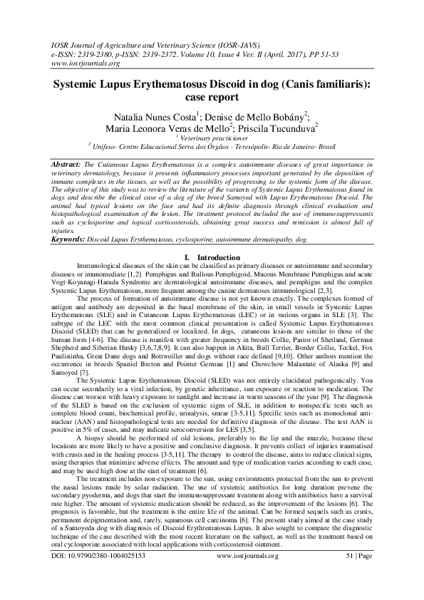 (PDF) Systemic Lupus Erythematosus Discoid in dog (Canis familiaris) case report Leonora