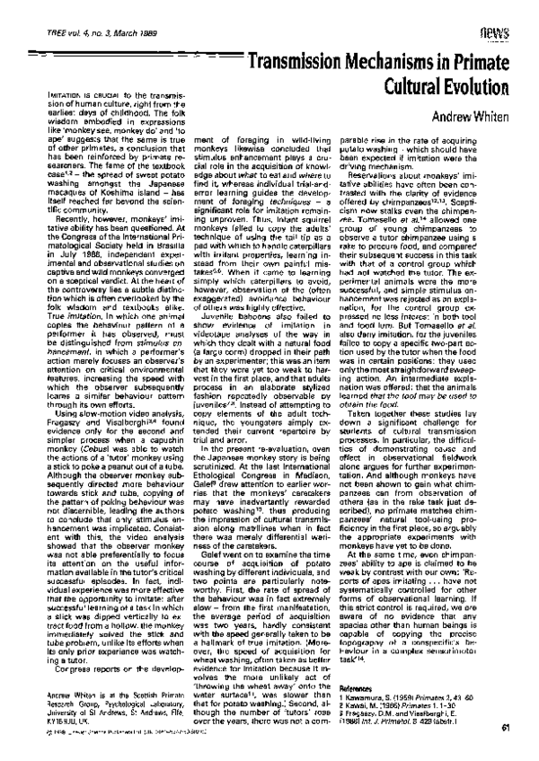 (PDF) Transmission mechanisms in primate cultural evolution