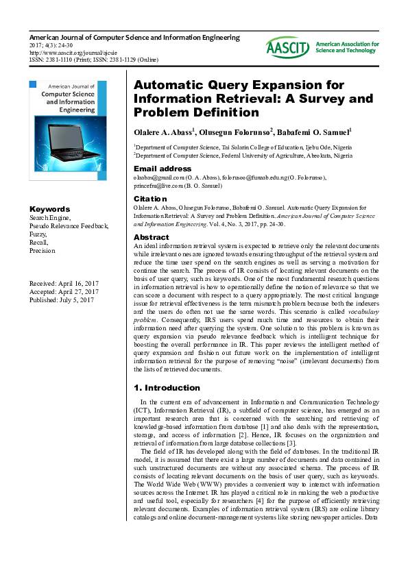 (PDF) Automatic Query Expansion for Information Retrieval : A Survey ...