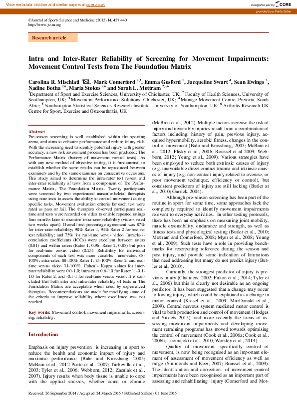 (PDF) Intra and inter-rater reliability of screening for movement ...