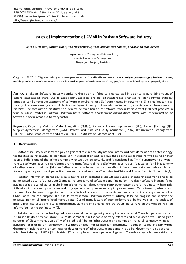 (PDF) Issues of Implementation of CMMI in Pakistan Software Industry