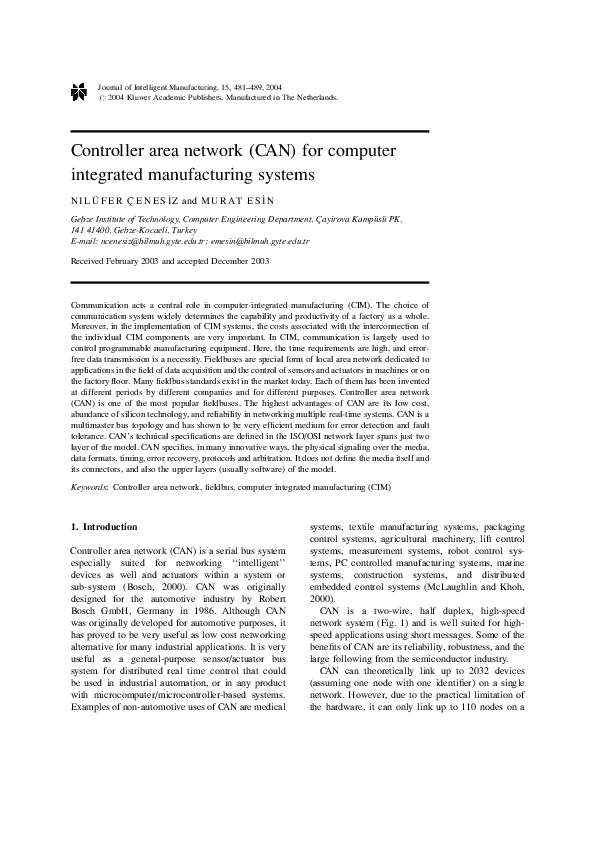 (PDF) Controller area network (CAN) for computer integrated ...