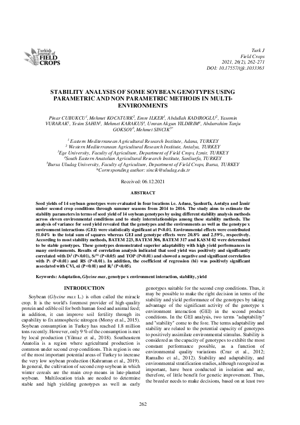 (PDF) Stability Analysis of Some Soybean Genotypes Using Parametric and ...