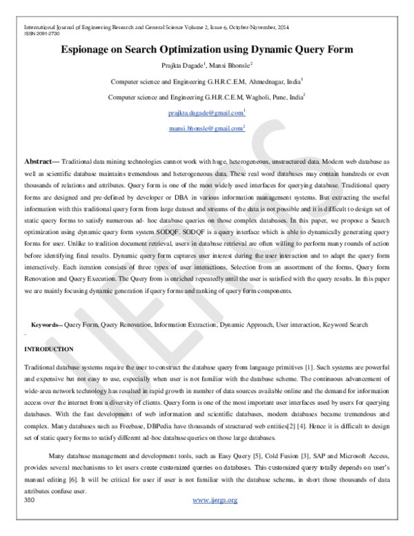 (PDF) Espionage on Search Optimization using Dynamic Query Form
