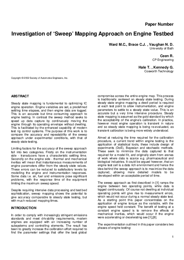 (PDF) Investigation of ‘Sweep’ Mapping Approach on Engine Testbed