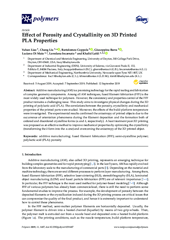 (PDF) Effect of Porosity and Crystallinity on 3D Printed PLA Properties