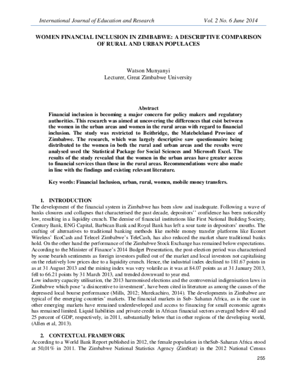 (PDF) Women Financial Inclusion in Zimbabwe: A Descriptive Comparison ...