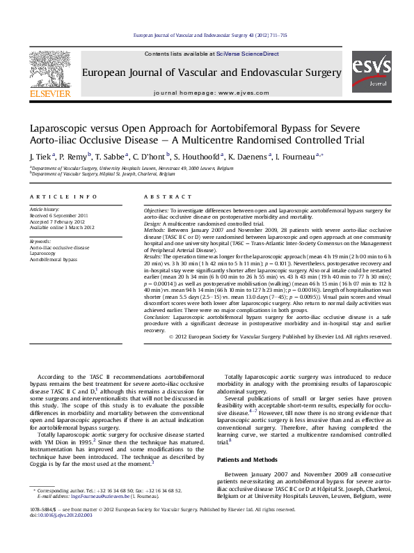 (PDF) Laparoscopic versus Open Approach for Aortobifemoral Bypass for ...