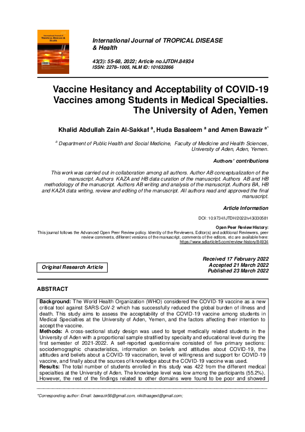 (PDF) Vaccine Hesitancy and Acceptability of COVID-19 Vaccines among ...